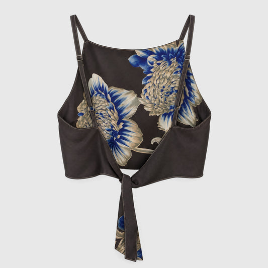 Upcycled Cropped Wickeltop #760 aus Vintage-Sari in Braun und Blau – Rückansicht