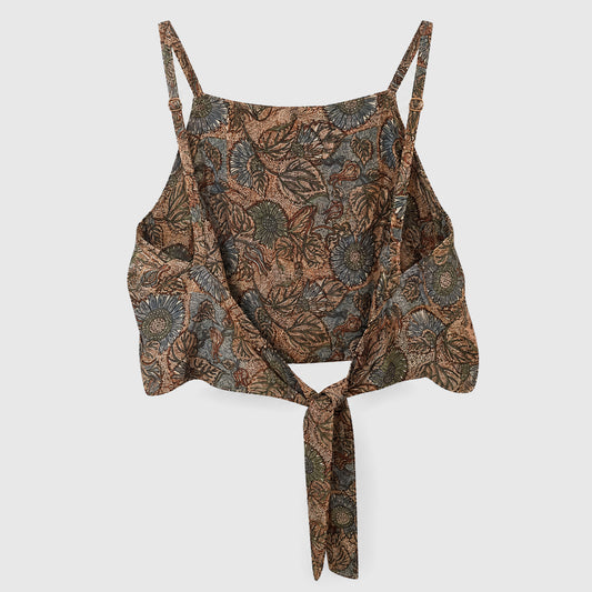 Upcycled Cropped Wickeltop #762 aus Vintage-Sari in Braun – Rückansicht