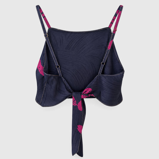 Upcycled Cropped Wickeltop #766 aus Vintage-Sari in Schwarz und Pink – Rückansicht