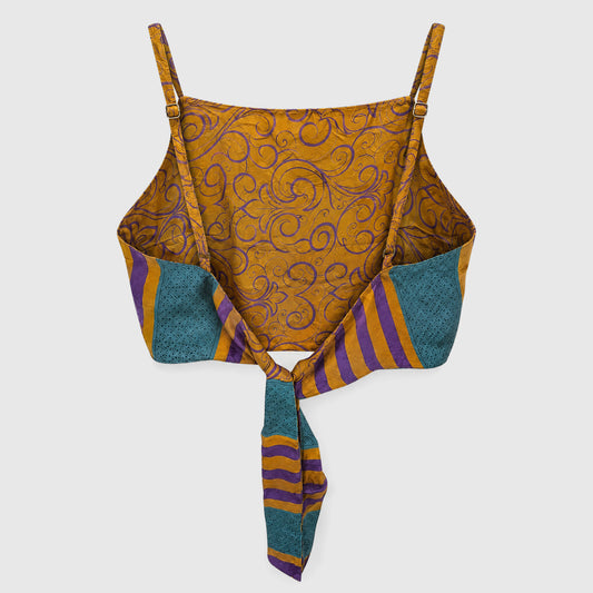 Upcycled Cropped Wickeltop #768 aus Vintage-Sari in Orange und Lila – Rückansicht