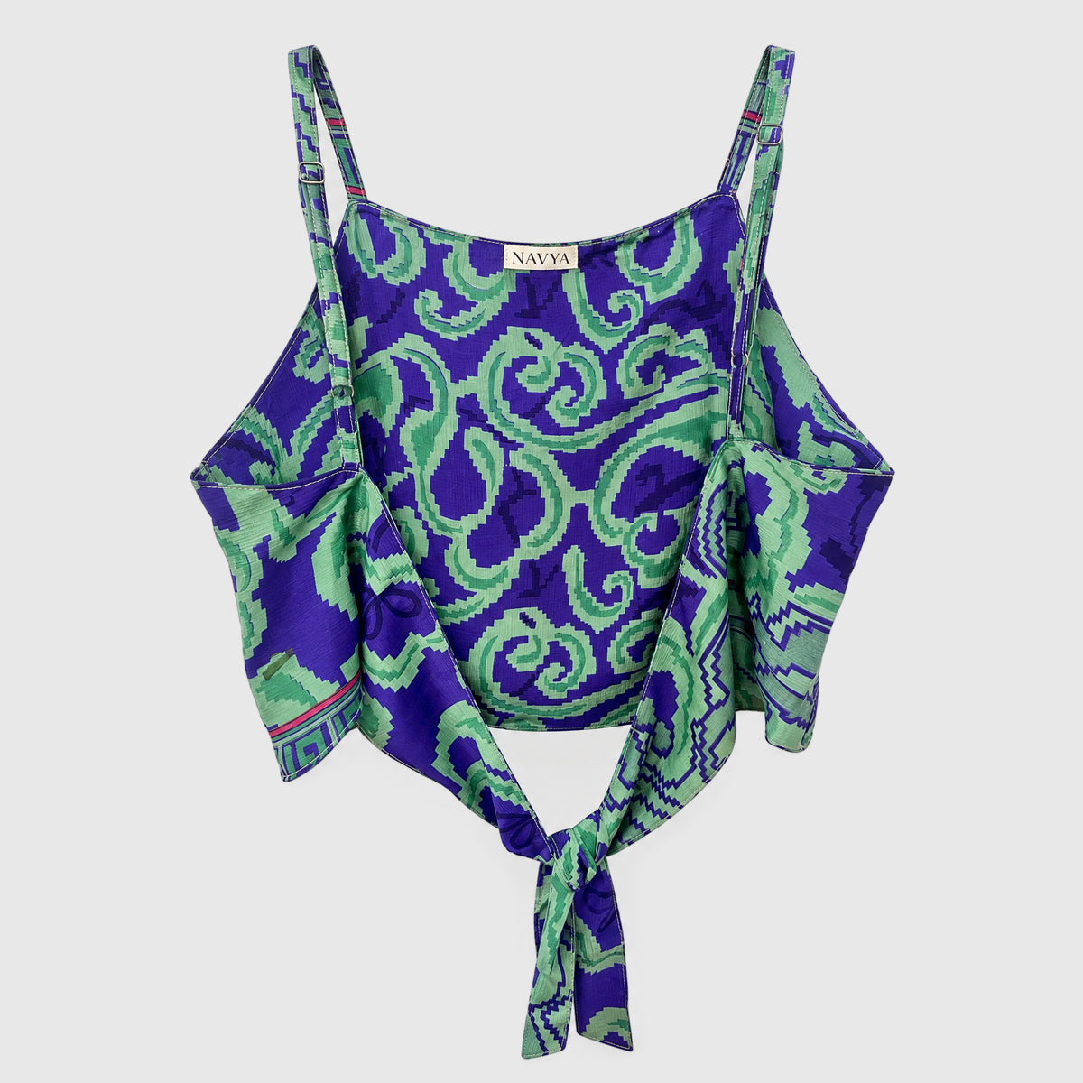 Upcycled Cropped Wickeltop #773 aus Vintage-Sari in Blau – Rückansicht