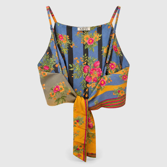 Upcycled Cropped Wickeltop #774 aus Vintage-Sari in Braun – Rückansicht