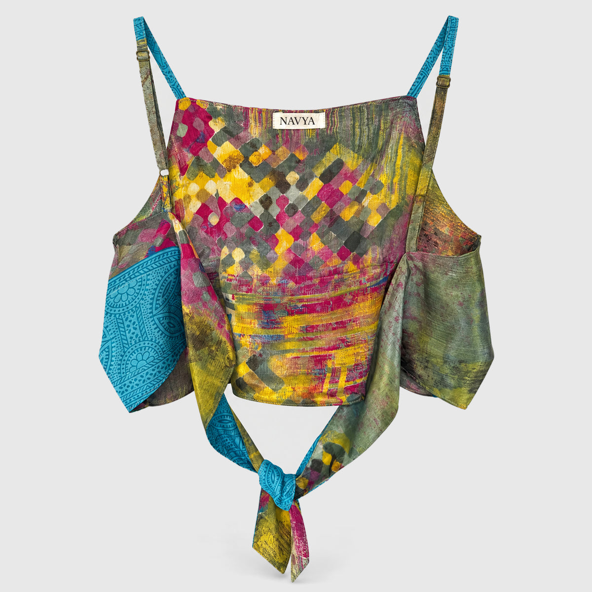 Upcycled Cropped Wickeltop #780 aus Vintage-Sari in Braun & Oliv – Rückansicht