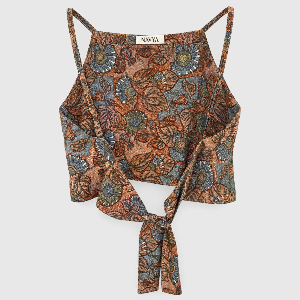 Upcycled Cropped Wickeltop #781 aus Vintage-Sari in Weiß & Braun – Rückansicht
