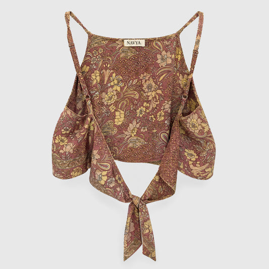 Upcycled Cropped Wickeltop #782 aus Vintage-Sari in Weiß & Braun – Rückansicht