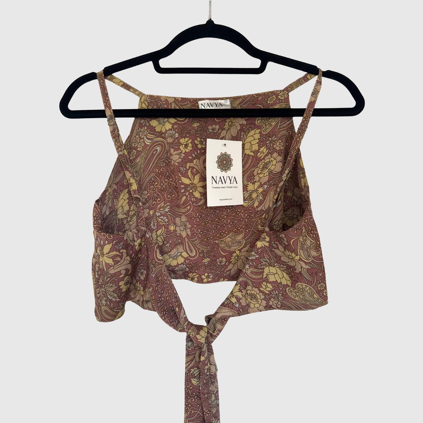 Upcycled Cropped Wickeltop #787 aus Vintage-Sari in Weiß & Braun – Rückansicht