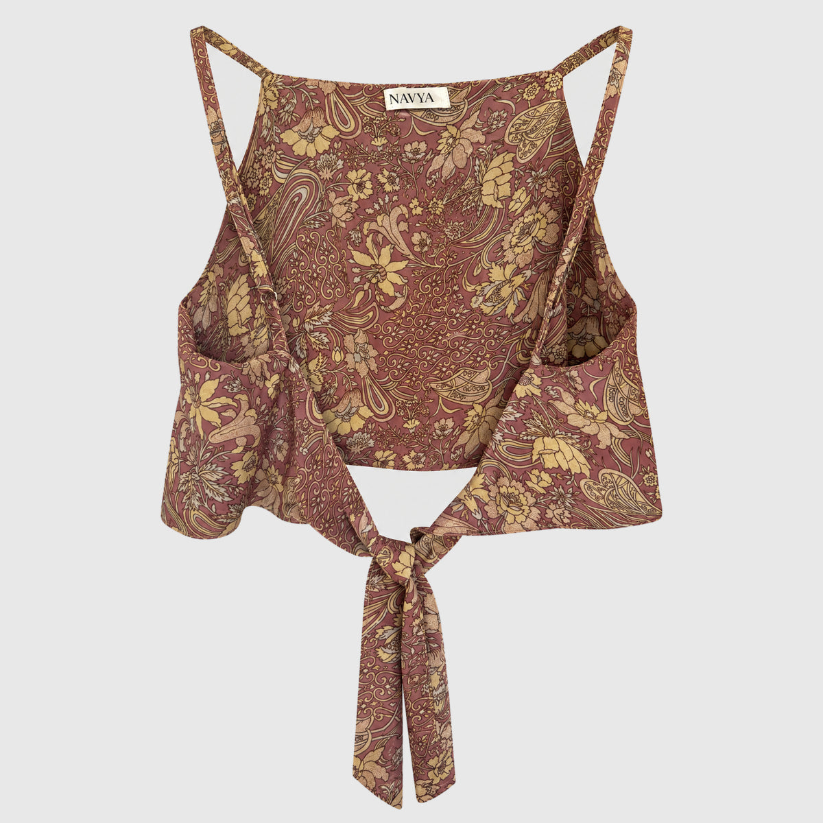 Upcycled Cropped Wickeltop #787 aus Vintage-Sari in Weiß & Braun – Rückansicht