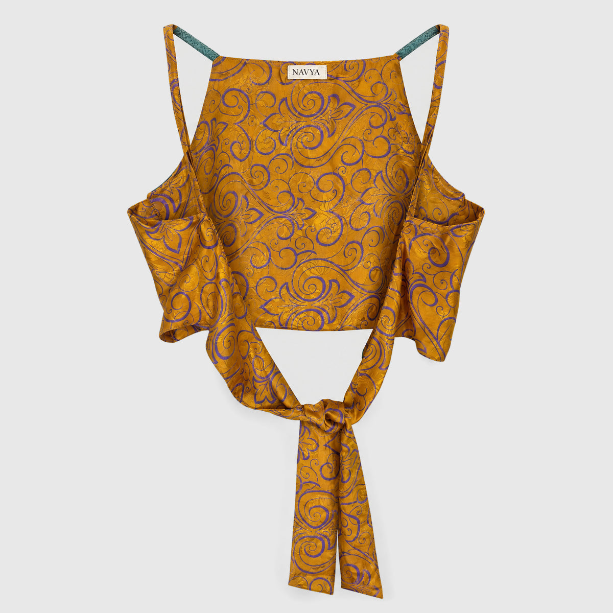 Upcycled Cropped Wickeltop #788 aus Vintage-Sari in Gold & Braun – Rückansicht