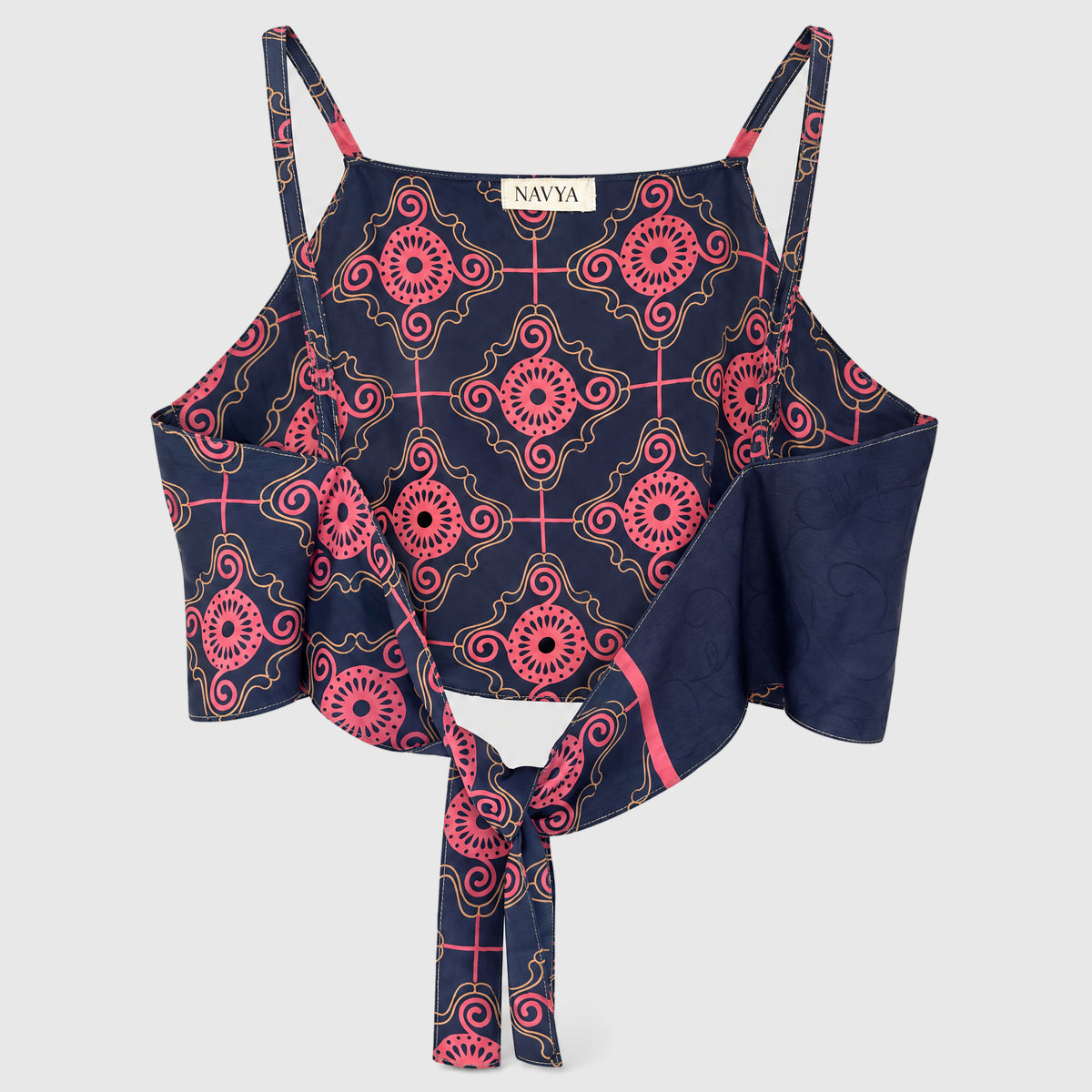 Upcycled Cropped Wickeltop #792 aus Vintage-Sari in Navy & Rosa – Rückansicht