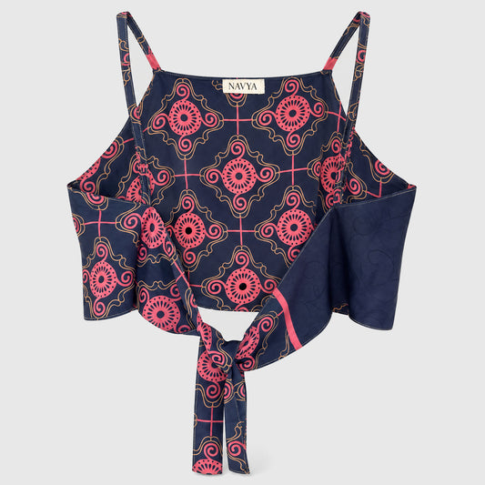 Upcycled Cropped Wickeltop #792 aus Vintage-Sari in Navy & Rosa – Rückansicht