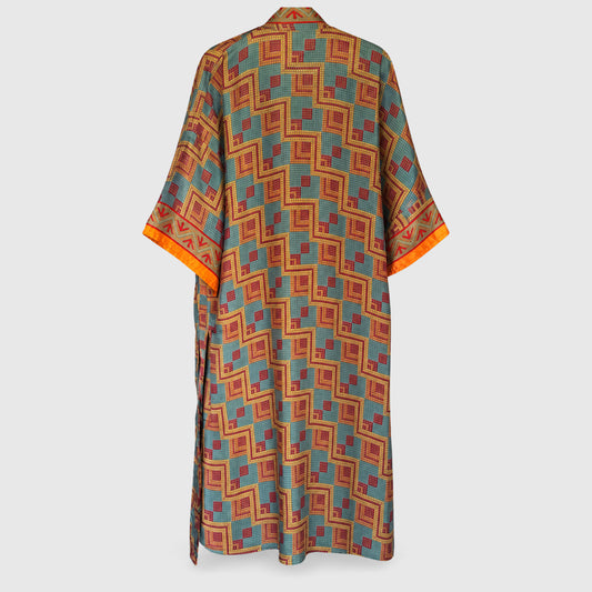 Upcycled Kimono Lang #1303 aus Vintage-Sari in Grau & Rot – Rückansicht