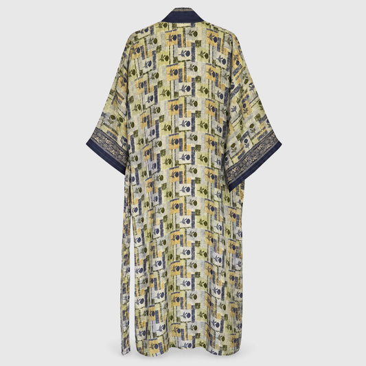 Upcycled Kimono Lang #1305 aus Vintage-Sari in Beige & Grau – Rückansicht