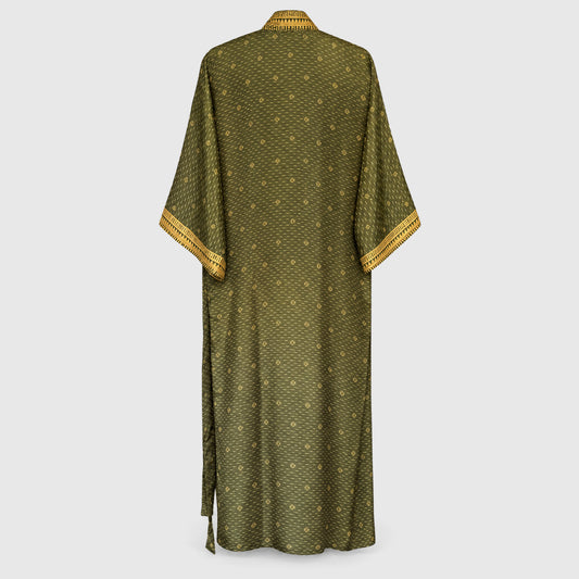 Upcycled Kimono Lang #1314 aus Vintage-Sari in Olivgrün & Beige – Rückansicht