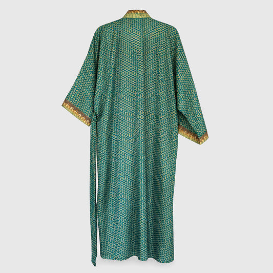 Upcycled Kimono Lang #1322 aus Vintage-Sari in Grün & Türkis – Rückansicht