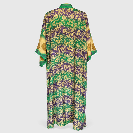 Upcycled Kimono Lang #1328 aus Vintage-Sari in Grün & Türkis – Rückansicht