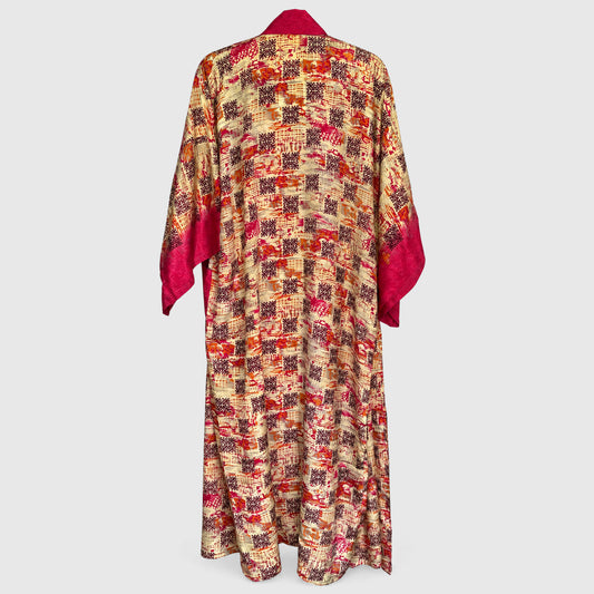 Upcycled Kimono Lang #1329 aus Vintage-Sari in Orange & Magenta – Rückansicht