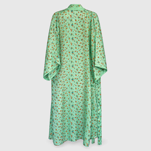 Upcycled Kimono Lang #1332 aus Vintage-Sari in Grün – Rückansicht