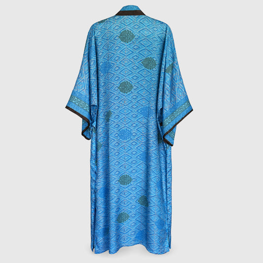Upcycled Kimono Lang #1337 aus Vintage-Sari in Blau – Rückansicht
