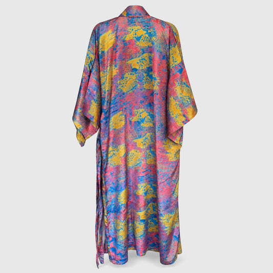 Upcycled Kimono Lang #1340 aus Vintage-Sari in Bunt – Rückansicht