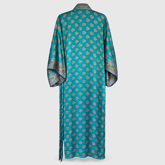 Upcycled Kimono Lang #1346 aus Vintage-Sari in Türkis – Rückansicht