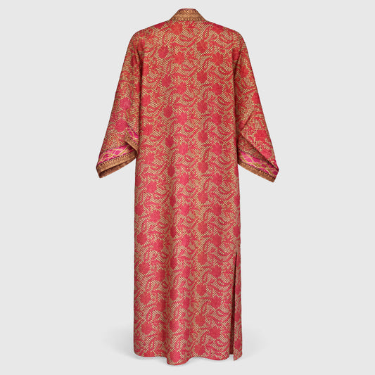 Upcycled Kimono Lang #1347 aus Vintage-Sari in Rot & Rosa – Rückansicht