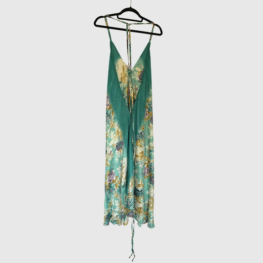 Upcycled Magic Scarf Dress Lang #724 aus Vintage-Sari in Türkis – Rückansicht