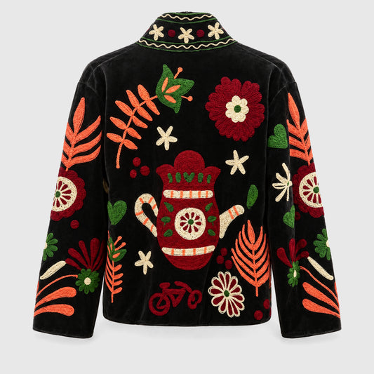 Suzani Velvet Jacket #01 Black Bloom – Rückansicht mit Stickerei