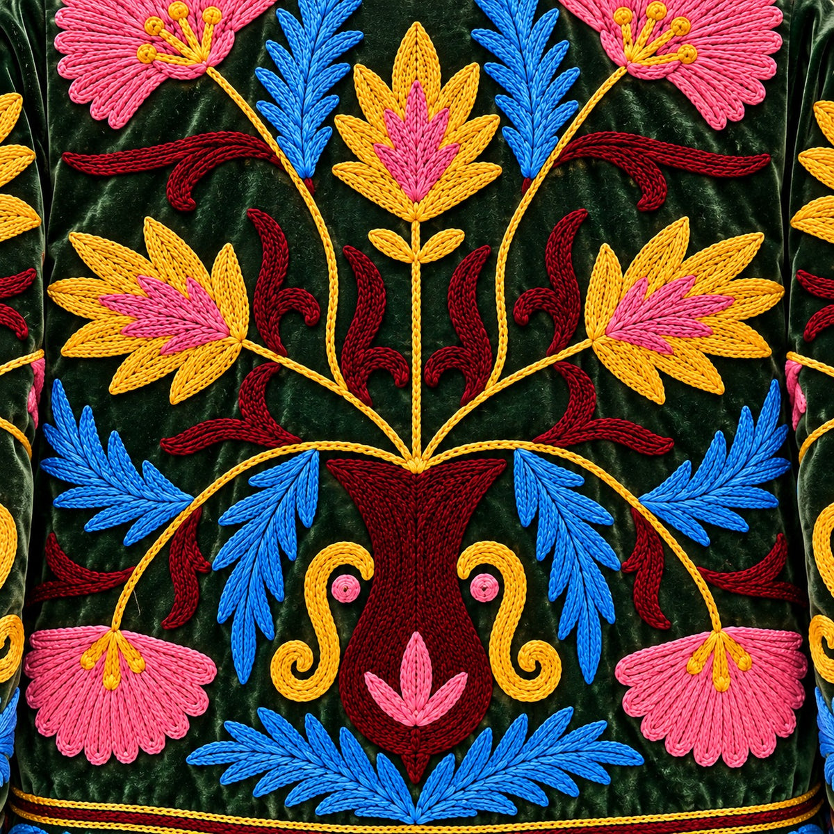 Suzani Velvet Jacket #03 Forest Lotus – Detail der Kettenstich-Stickerei