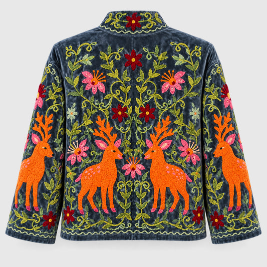 Suzani Velvet Jacket #05 Deer Meadow – Rückansicht mit Stickerei