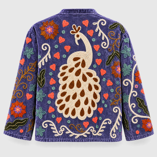 Suzani Velvet Jacket #07 Lavender Peacock – Rückansicht mit Pfau-Stickerei