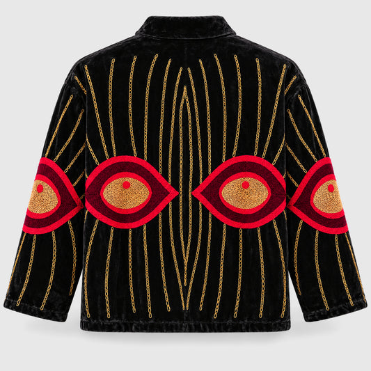 Suzani Velvet Jacket #08 Black Ruby Eye – Rückansicht mit Stickerei