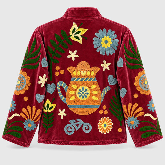 Suzani Velvet Jacket #10 Berry Teapot – Rückansicht mit Teekannen-Stickerei