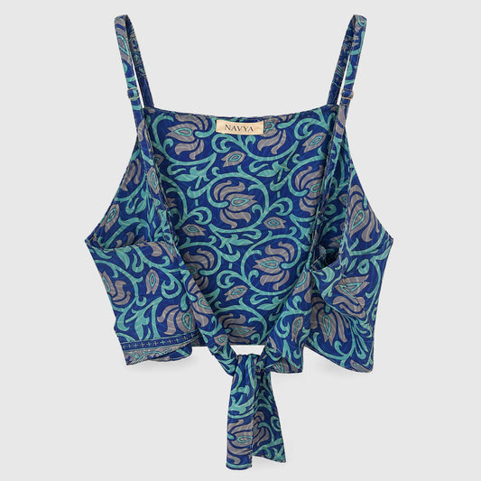 Upcycled Cropped Wickeltop #757 aus Vintage-Sari in Blau – Rückansicht