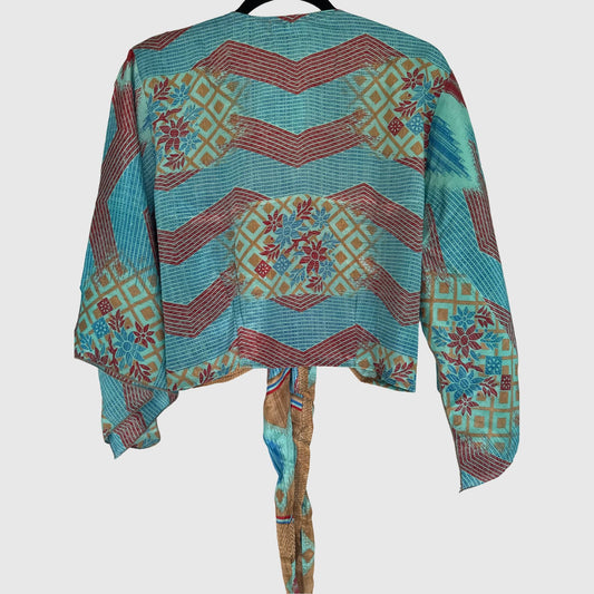Upcycled Wickelbluse #940 aus Vintage-Sari in Türkis – Rückansicht
