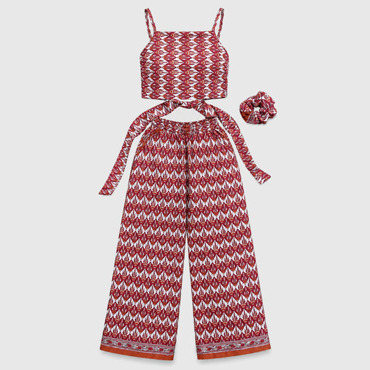 Upcycled Set aus Wickeltop und Palazzo-Hose aus Sari-Stoff in Rot, Vorderansicht