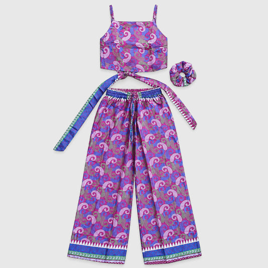 Upcycled Set aus Wickeltop und Palazzo-Hose aus Sari-Stoff in Pink, Vorderansicht