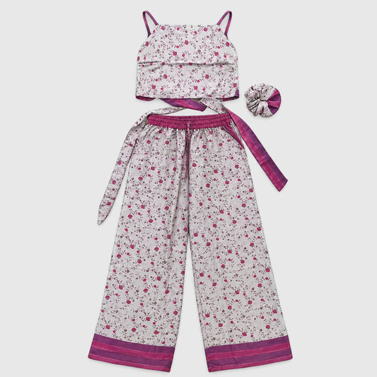 Upcycled Set aus Wickeltop und Palazzo-Hose aus Sari-Stoff in Rosa, Vorderansicht