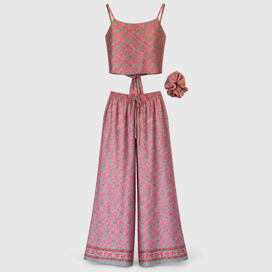 Upcycled Set aus Wickeltop und Palazzo-Hose aus Sari-Stoff in Rosa & Türkis, Vorderansicht