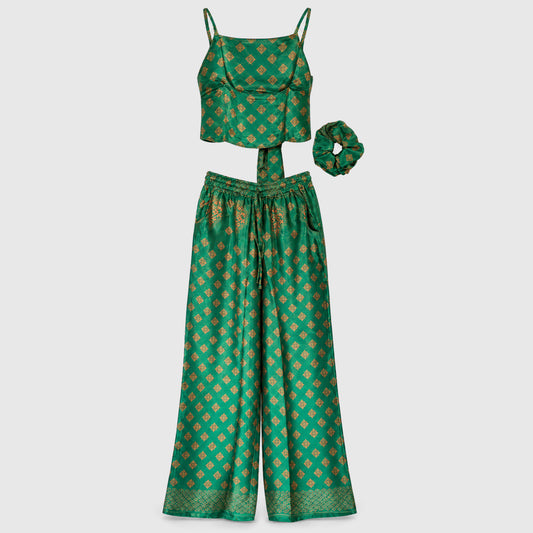 Upcycled Set aus Wickeltop und Palazzo-Hose aus Sari-Stoff in Türkis, Vorderansicht