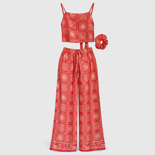 Upcycled Set aus Wickeltop und Palazzo-Hose aus Sari-Stoff in Rot & Rosa, Vorderansicht