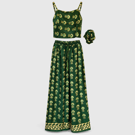 Upcycled Set aus Wickeltop und Palazzo-Hose aus Sari-Stoff in Türkis, Vorderansicht
