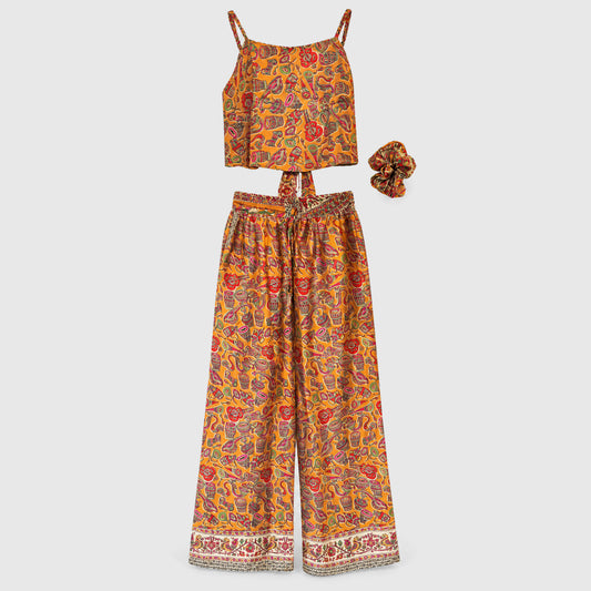 Upcycled Set aus Wickeltop und Palazzo-Hose aus Sari-Stoff in Bunt, Vorderansicht
