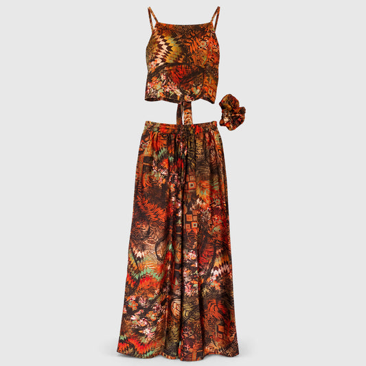Upcycled Set aus Wickeltop und Palazzo-Hose aus Sari-Stoff in Rosa & Schwarz, Vorderansicht