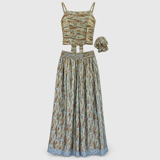 Upcycled Set aus Wickeltop und Palazzo-Hose aus Sari-Stoff in Braun & Grau, Vorderansicht