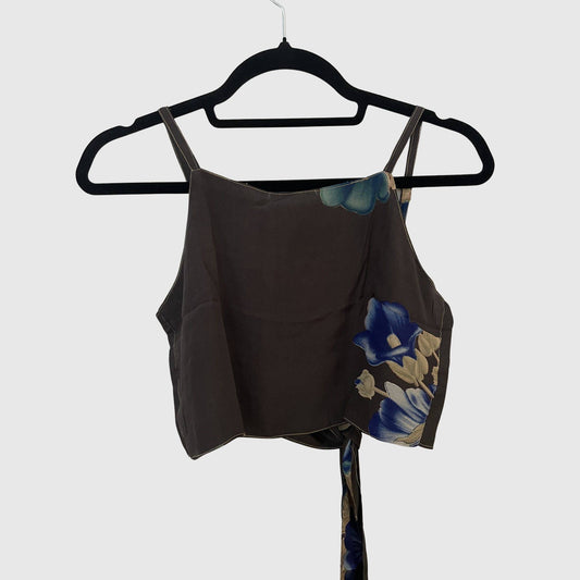 Upcycled Cropped Wickeltop #760 aus Vintage-Sari in Braun und Blau – Vorderansicht