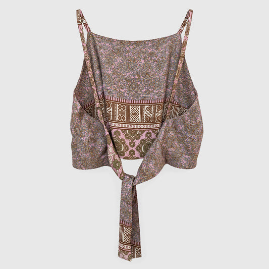 Upcycled Cropped Wickeltop #764 aus Vintage-Sari in Rosa – Rückansicht
