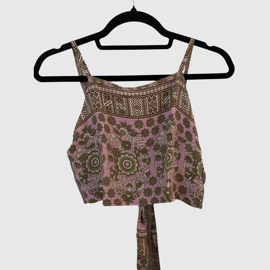 Upcycled Cropped Wickeltop #764 aus Vintage-Sari in Rosa – Vorderansicht