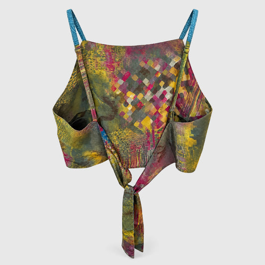 Upcycled Cropped Wickeltop #767 aus Vintage-Sari in Pink und Gelb – Rückansicht