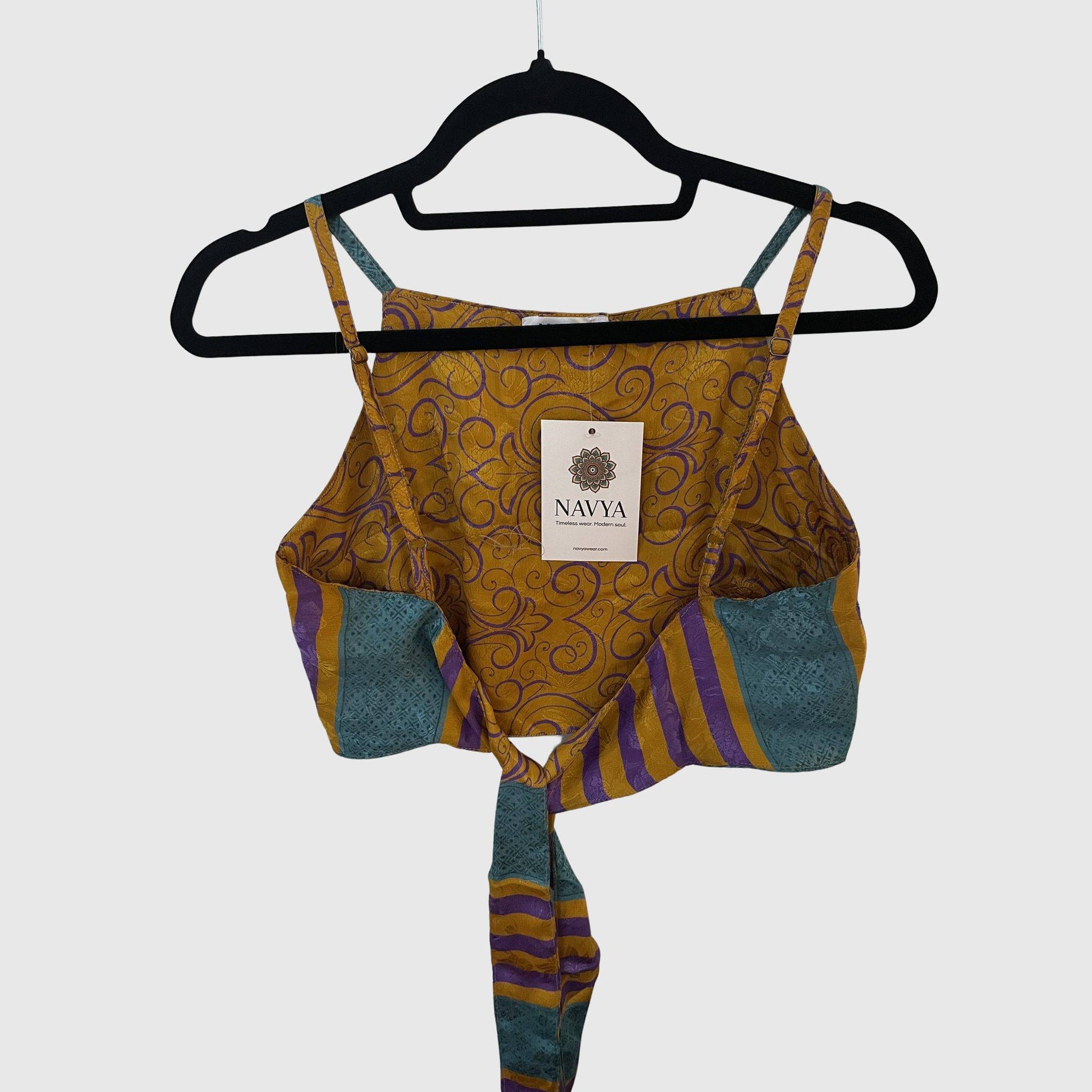 Upcycled Cropped Wickeltop #768 aus Vintage-Sari in Orange und Lila – Rückansicht