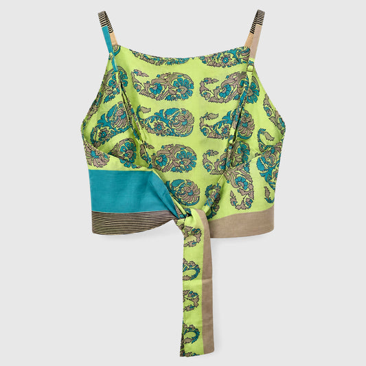 Upcycled Cropped Wickeltop #771 aus Vintage-Sari in Grün – Rückansicht